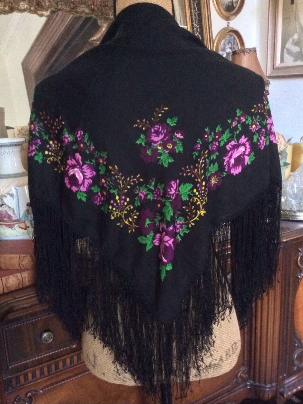 Vintage European Black Wool Fringe Floral Boho Gypsy Hippie Shawl Wrap Scarf